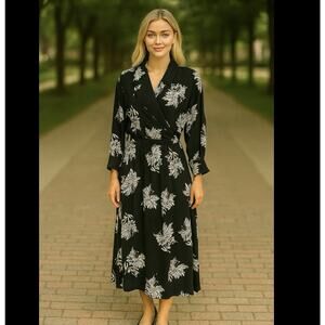 Vintage PAT ARGENTI Floral Black Long Sleeve Dress New with Tag Hawaiian Aloha